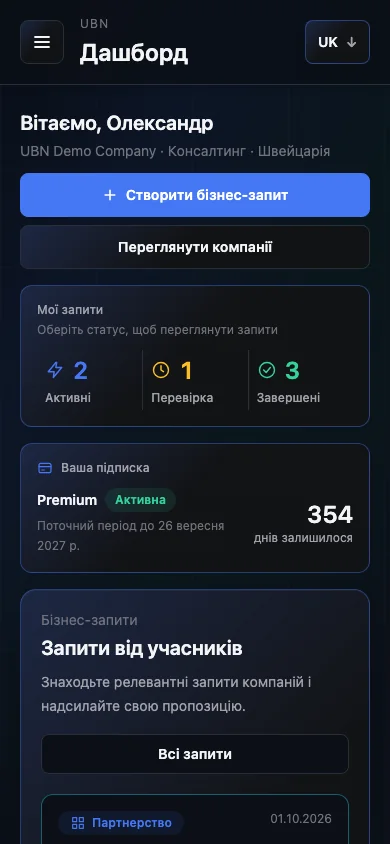 Особистий кабінет UBN на телефоні — демонстраційні дані